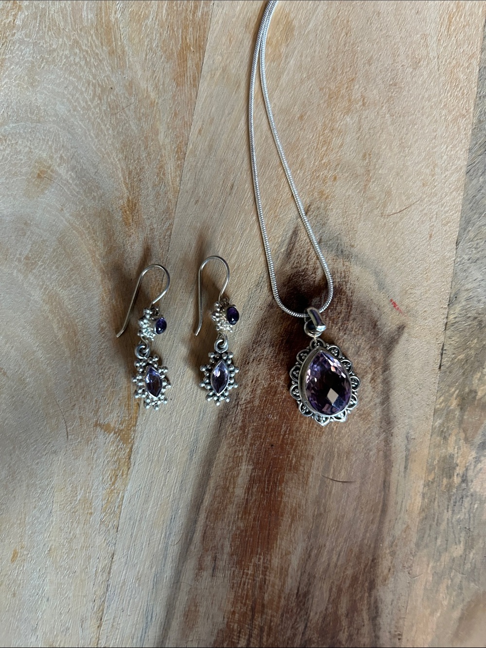 Sterling Silver Amethyst Pendant Necklace and Earrings Set